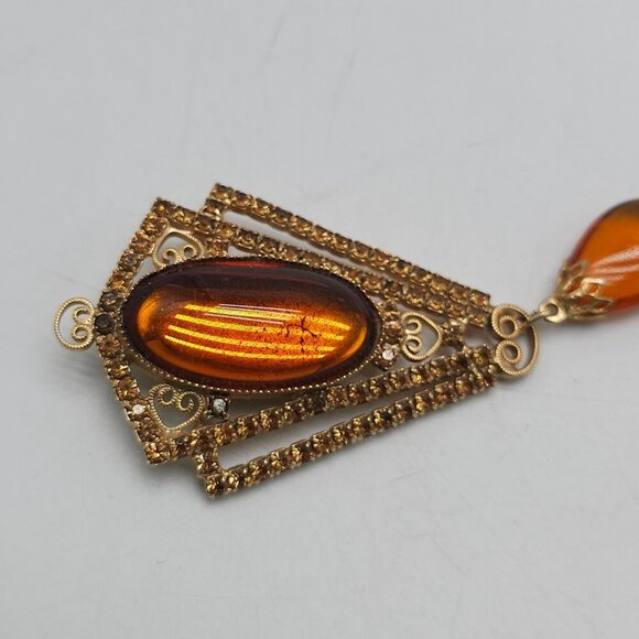 Vintage Art Deco Style Amber Brooch With Dangling Teardrop - Picture 2 of 5